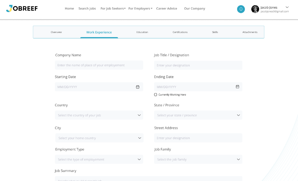 JOBREEF Search & Filters Dashboard